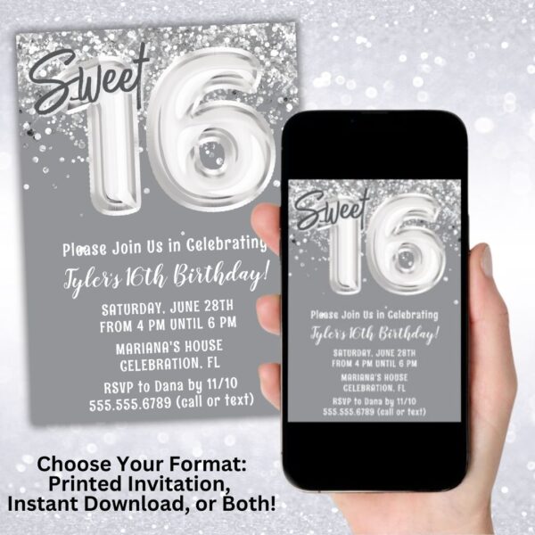 Gray Silver 16th Birthday Party Invitation digital download