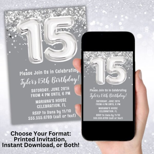 Gray Silver 15th Birthday Party Invitation digital download