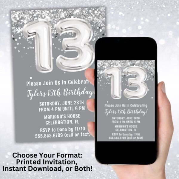 Gray Silver 13th Birthday Party Invitation digital download