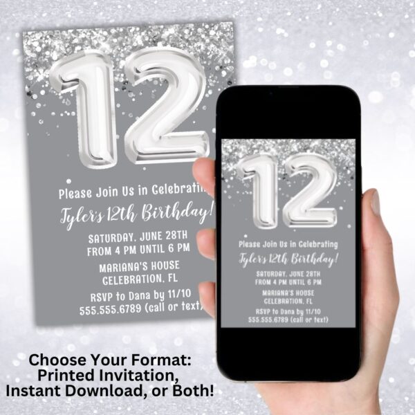 Gray Silver 12th Birthday Party Invitation digital download