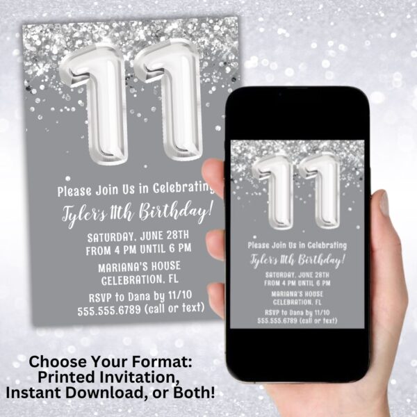 Gray Silver 11th Birthday Party Invitation digital download