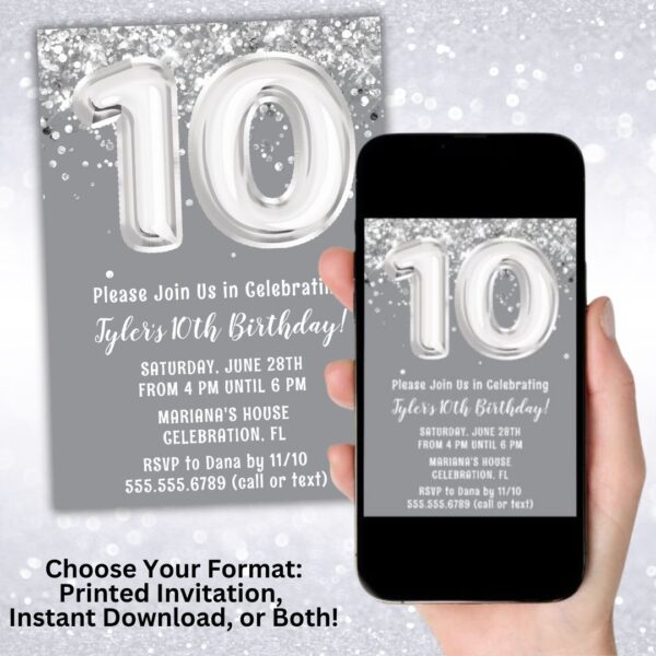 Gray Silver 10th Birthday Party Invitation digital download