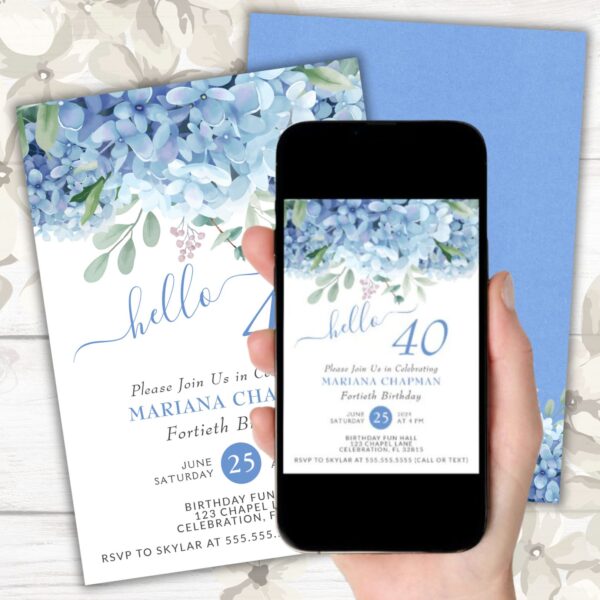 blue hydrangeas 40th birthday party digital download