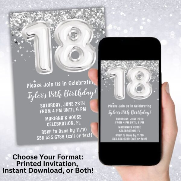 Gray Silver 18th Birthday Party Invitation digital download