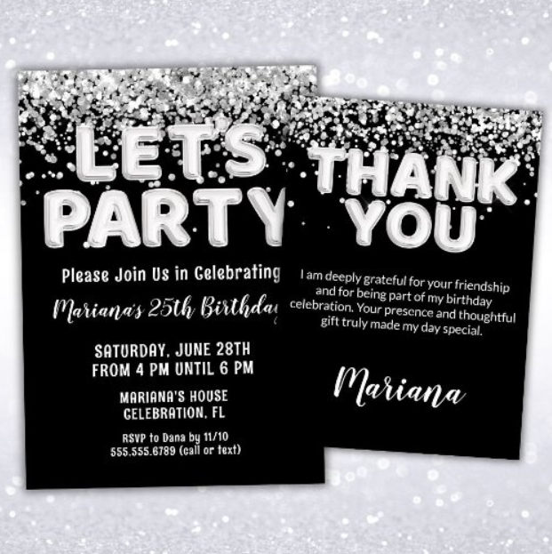 black and white birthday party invitation