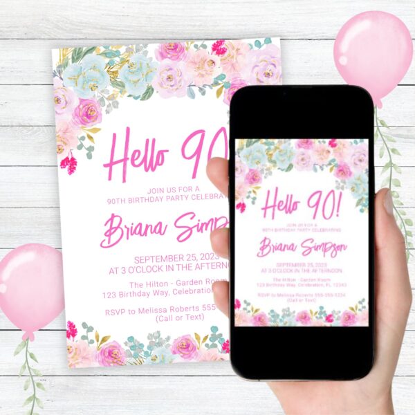 90th birthday party invitation pink