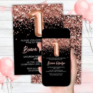 1st Birthday Invitation Rose Gold Balloons Glitter on Black Birthday Party Invite for a 1 Year Old