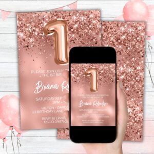 Rose Gold Glitter Birthday Party Invitation 1st Birthday Party for a 1 Year Old