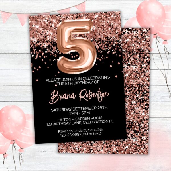 5th Birthday Invitation Rose Gold Balloons Glitter on Black Birthday Party Invite for a 5 Year Old - Image 2