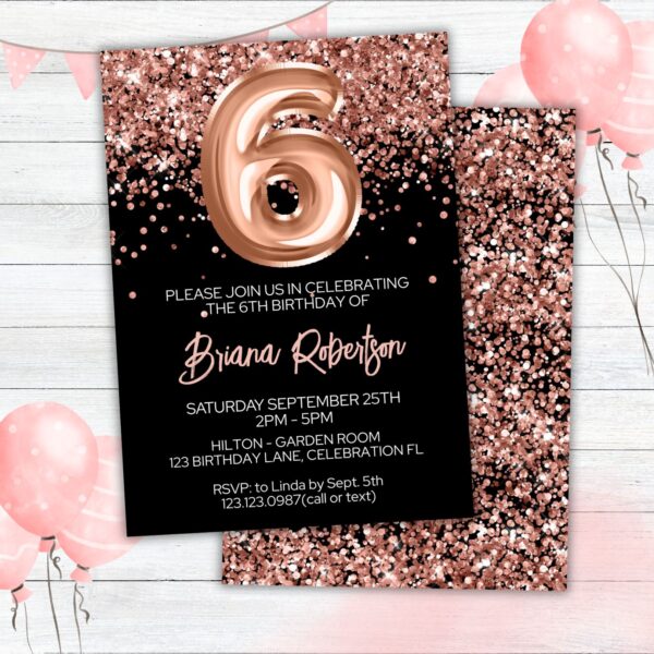 6th Birthday Invitation Rose Gold Balloons Glitter on Black Birthday Party Invite for a 6 Year Old - Image 2