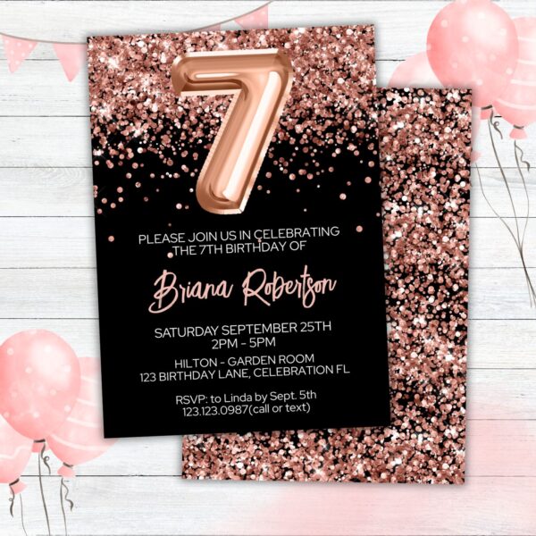 7th Birthday Invitation Rose Gold Balloons Glitter on Black Birthday Party Invite for a 7 Year Old - Image 2