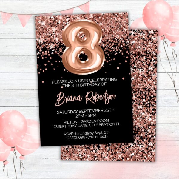 8th Birthday Invitation Rose Gold Balloons Glitter on Black Birthday Party Invite for a 8 Year Old - Image 2