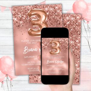 Rose Gold Glitter Birthday Party Invitation 3rd Birthday Party for a 3 Year Old