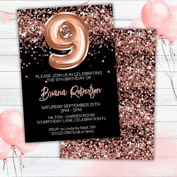 9th Birthday Invitation Rose Gold Balloons Glitter on Black Birthday Party Invite for a 9 Year Old - Image 2