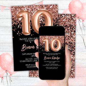 10th Birthday Invitation Rose Gold Balloons Glitter on Black Birthday Party Invite for a 10 Year Old