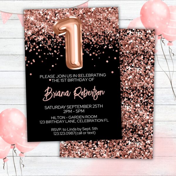 1st Birthday Invitation Rose Gold Balloons Glitter on Black Birthday Party Invite for a 1 Year Old - Image 2