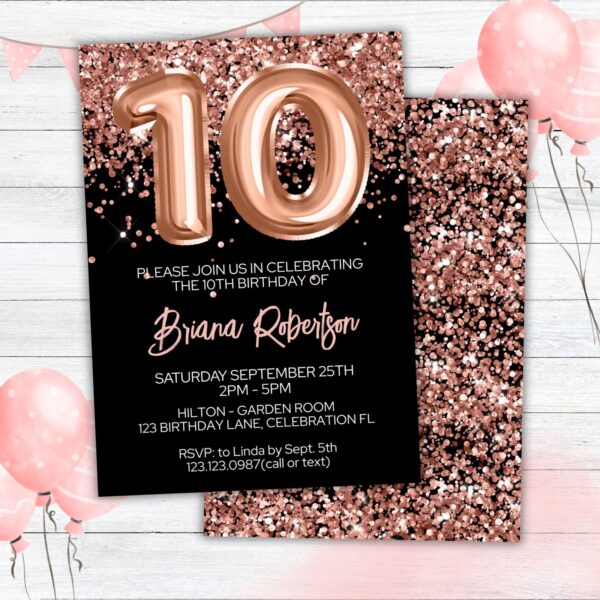 10th Birthday Invitation Rose Gold Balloons Glitter on Black Birthday Party Invite for a 10 Year Old - Image 2