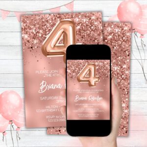 Rose Gold Glitter Birthday Party Invitation 4th Birthday Party for a 4 Year Old