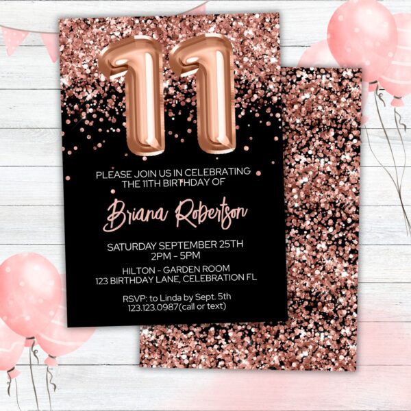 11th Birthday Invitation Rose Gold Balloons Glitter on Black Birthday Party Invite for a 11 Year Old - Image 2