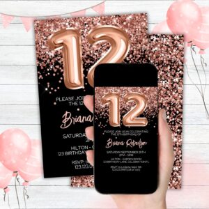 12th Birthday Invitation Rose Gold Balloons Glitter on Black Birthday Party Invite for a 12 Year Old