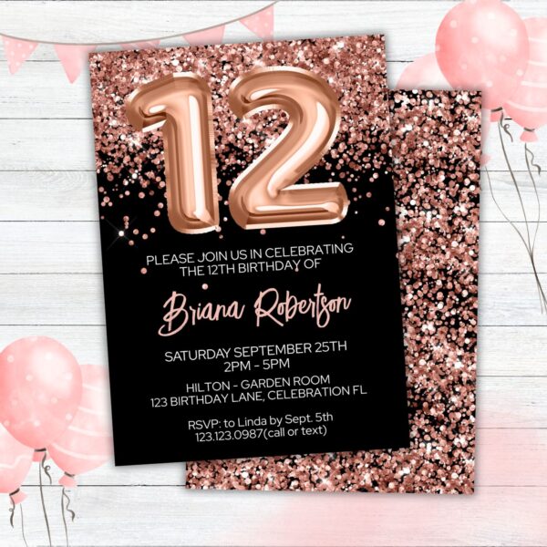 12th Birthday Invitation Rose Gold Balloons Glitter on Black Birthday Party Invite for a 12 Year Old - Image 2