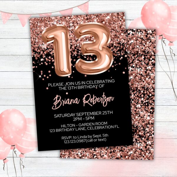 13th Birthday Invitation Rose Gold Balloons Glitter on Black Birthday Party Invite for a 13 Year Old - Image 2