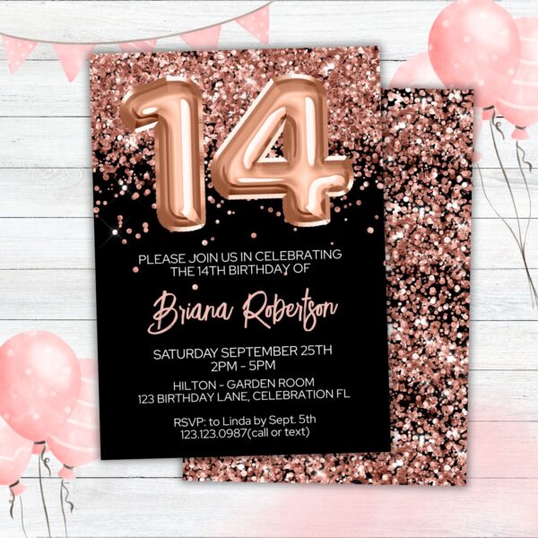 14th Birthday Invitation Rose Gold Balloons Glitter on Black Birthday Party Invite for a 14 Year Old - Image 2