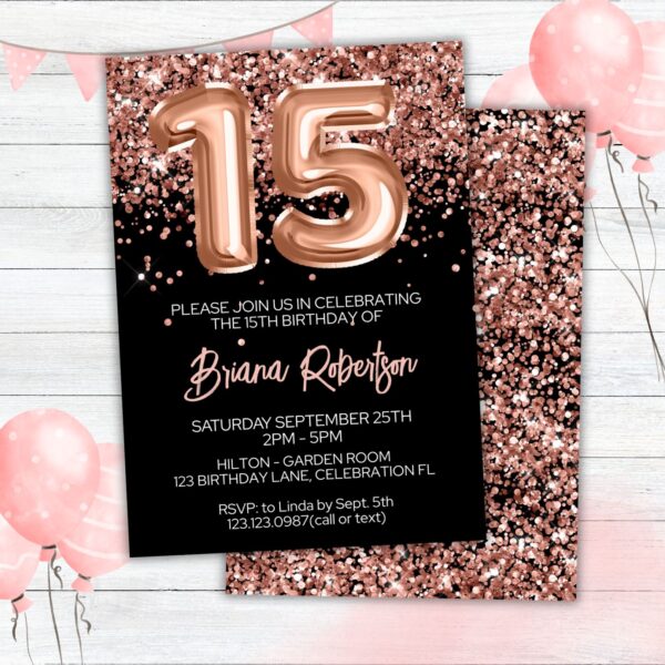15th Birthday Invitation Rose Gold Balloons Glitter on Black Birthday Party Invite for a 15 Year Old - Image 2