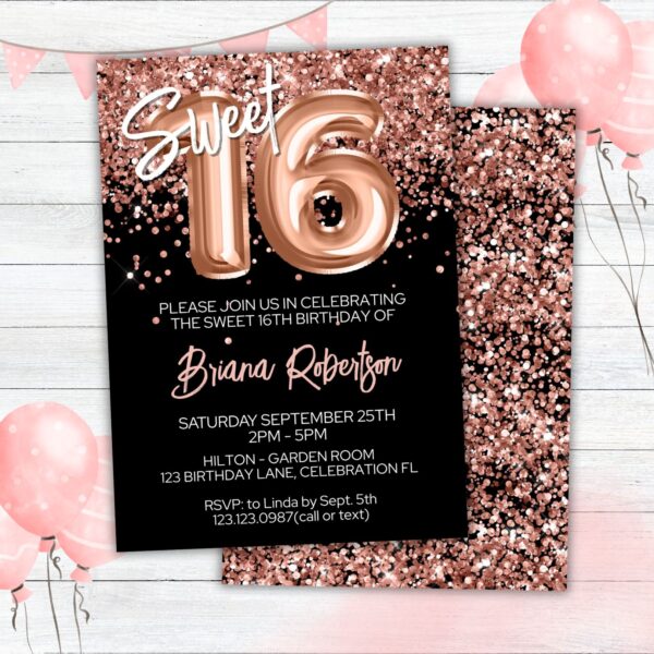 Sweet 16th Birthday Invitation Rose Gold Balloons Glitter on Black Birthday Party Invite for a 16 Year Old - Image 2