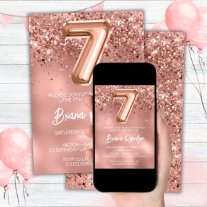 Rose Gold Glitter Birthday Party Invitation 7th Birthday Party for a 7 Year Old