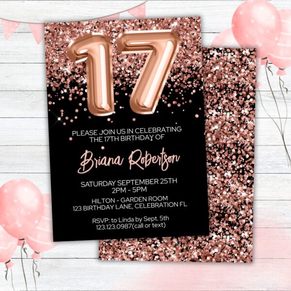 17th Birthday Invitation Rose Gold Balloons Glitter on Black Birthday Party Invite for a 17 Year Old - Image 2