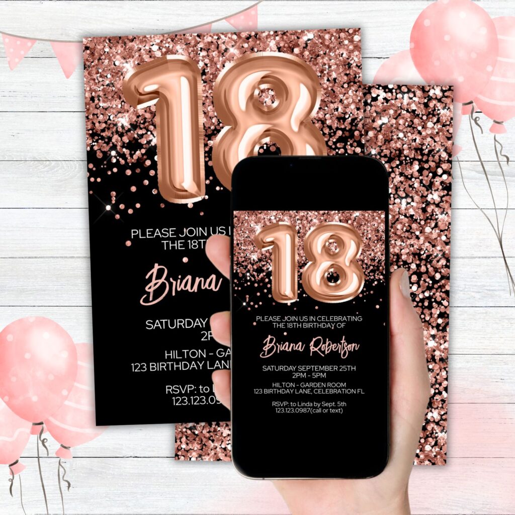 18th Birthday Invitation Rose Gold Balloons Glitter on Black Birthday ...