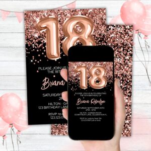 18th Birthday Invitation Rose Gold Balloons Glitter on Black Birthday Party Invite for a 18 Year Old