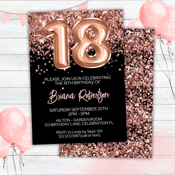 18th Birthday Invitation Rose Gold Balloons Glitter on Black Birthday Party Invite for a 18 Year Old - Image 2