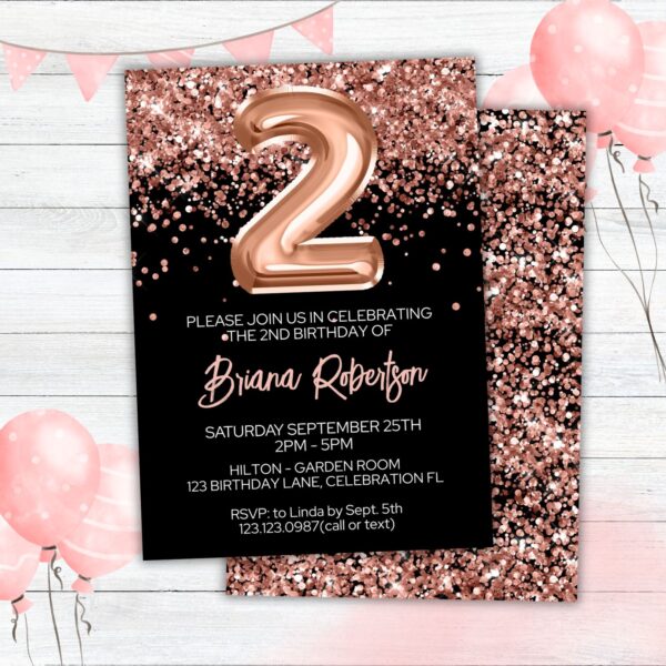 2nd Birthday Invitation Rose Gold Balloons Glitter on Black Birthday Party Invite for a 2 Year Old - Image 2