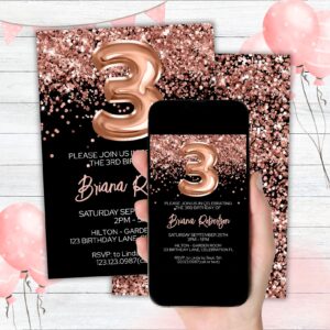 3rd Birthday Invitation Rose Gold Balloons Glitter on Black Birthday Party Invite for a 3 Year Old