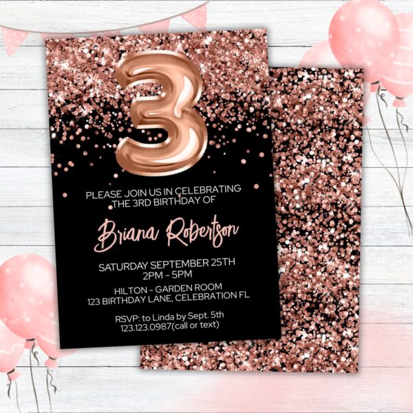 3rd Birthday Invitation Rose Gold Balloons Glitter on Black Birthday Party Invite for a 3 Year Old - Image 2