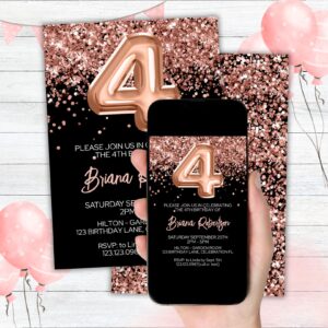 4th Birthday Invitation Rose Gold Balloons Glitter on Black Birthday Party Invite for a 4 Year Old