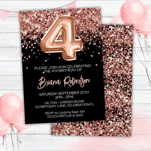 4th Birthday Invitation Rose Gold Balloons Glitter on Black Birthday Party Invite for a 4 Year Old - Image 4