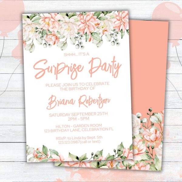 Modern Peach Floral Surprise Birthday Party Invitation & Free Thank You Card - Image 4