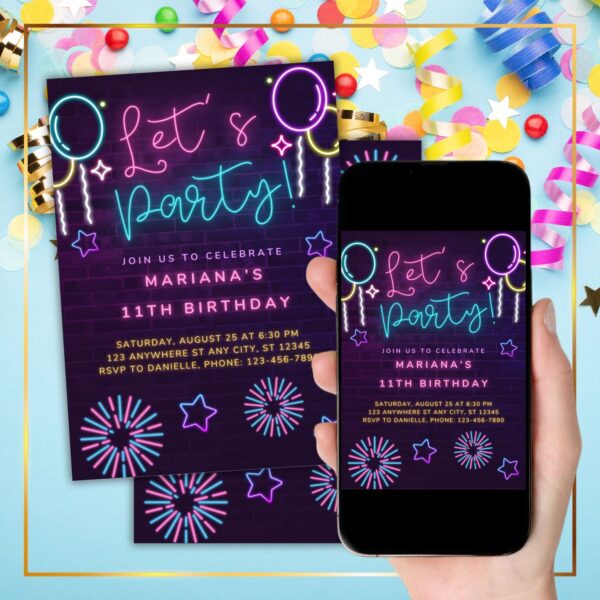 Neon Glow Party Invitation Birthday Party Invite