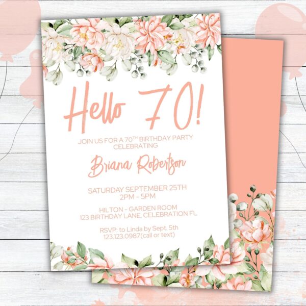 Modern Peach Floral 70th Birthday Party Invitation Free Thank You Card - Image 3
