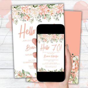 Modern Peach Floral 70th Birthday Party Invitation Free Thank You Card