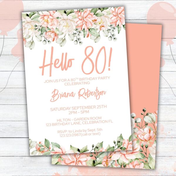 Modern Peach Floral 80th Birthday Party Invitation Free Thank You Card - Image 2