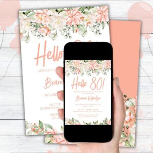 Modern Peach Floral 80th Birthday Party Invitation Free Thank You Card