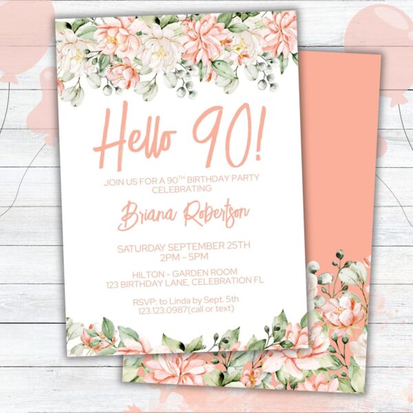 Modern Peach Floral 90th Birthday Party Invitation Free Thank You Card - Image 2