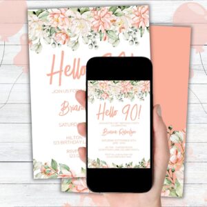 Modern Peach Floral 90th Birthday Party Invitation Free Thank You Card