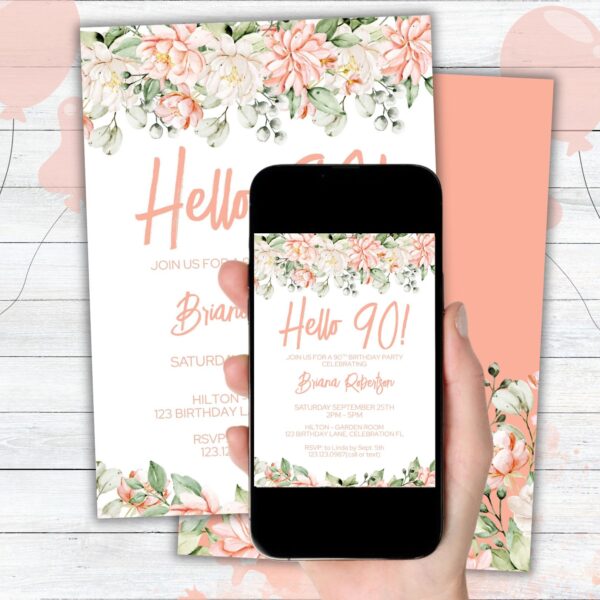 Modern Peach Floral 90th Birthday Party Invitation Free Thank You Card