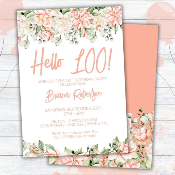 Modern Peach Floral 100th Birthday Party Invitation Free Thank You Card - Image 2