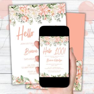 Modern Peach Floral 100th Birthday Party Invitation Free Thank You Card